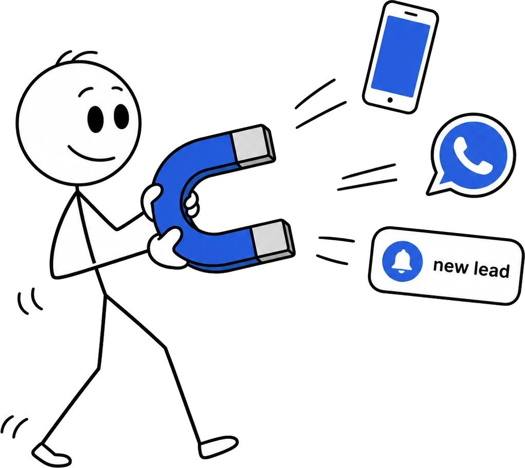 Searchly Web mascot attracting leads with a magnet