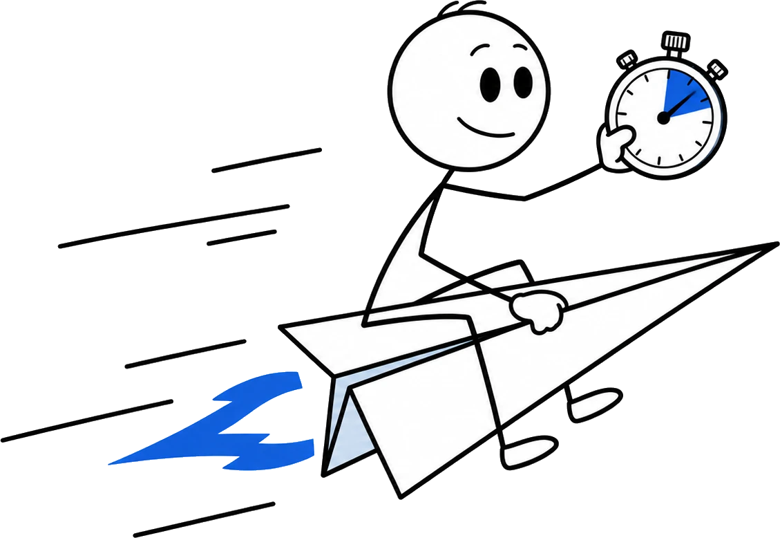 Searchly Web mascot on a paper plane with a stopwatch